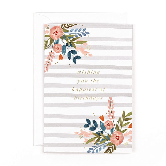 Birthday Card: Foil Stripes Flowers Happiest of Birthdays - Pink