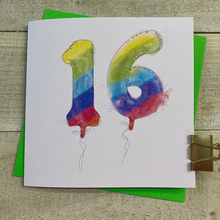 Age 16th Birthday Card: Rainbow Helium Balloons - White Cotton Cards