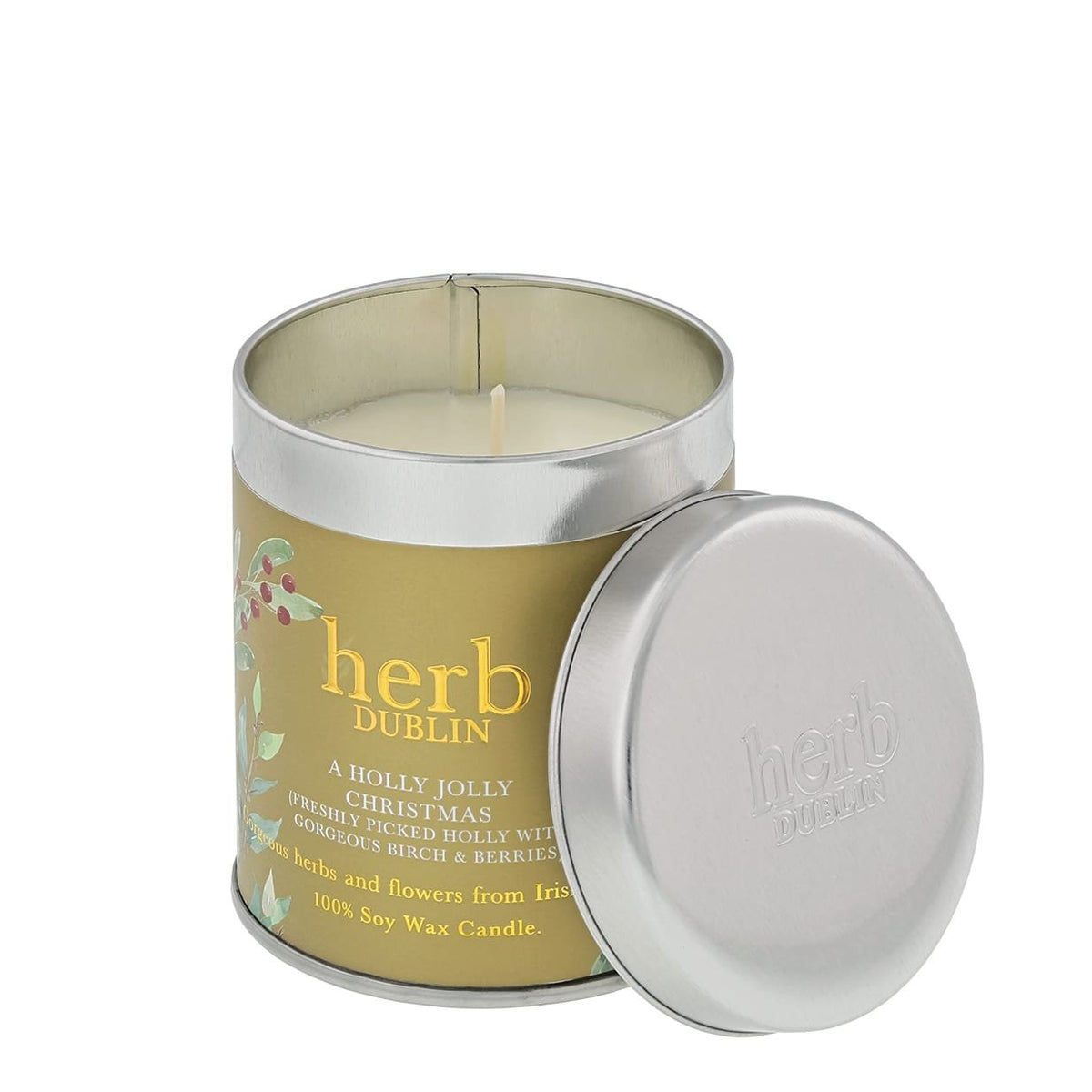 Candle: Scented Tin A HOLLY JOLLY CHRISTMAS - Holly, Birch & Berries - Sage Green - Herb Dublin