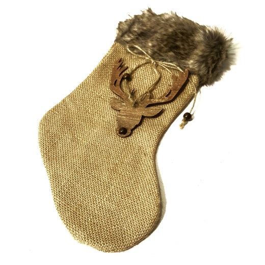 Christmas Stocking: Hessian Reindeer Stag Head Fur   - Natural