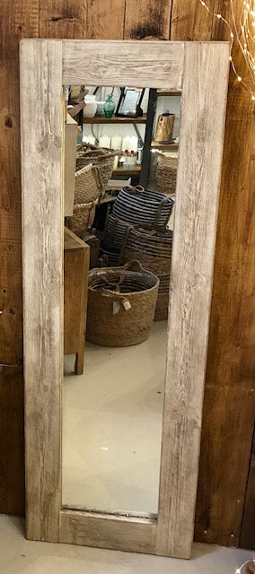 Mirror: Solid Wood Waxed Rustic Plank 4" Handmade Butted Joints - Limed Distressed Natural & White  - Assorted Sizes: SMALL NARROW 55 x 19 inches (48 x 12 - Mirror Size)