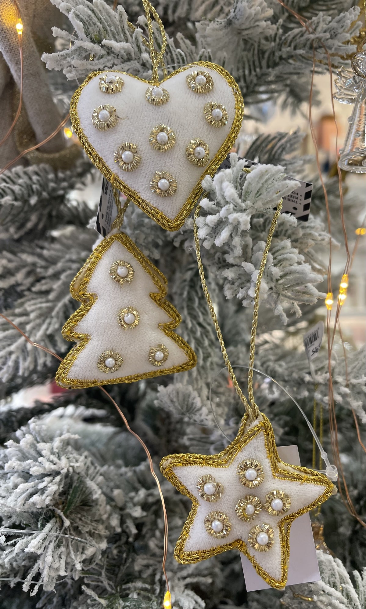 Christmas Tree Decoration: Mini Velvet Beaded Hand finished Pearls - Tree Heart Star- Cream & Gold