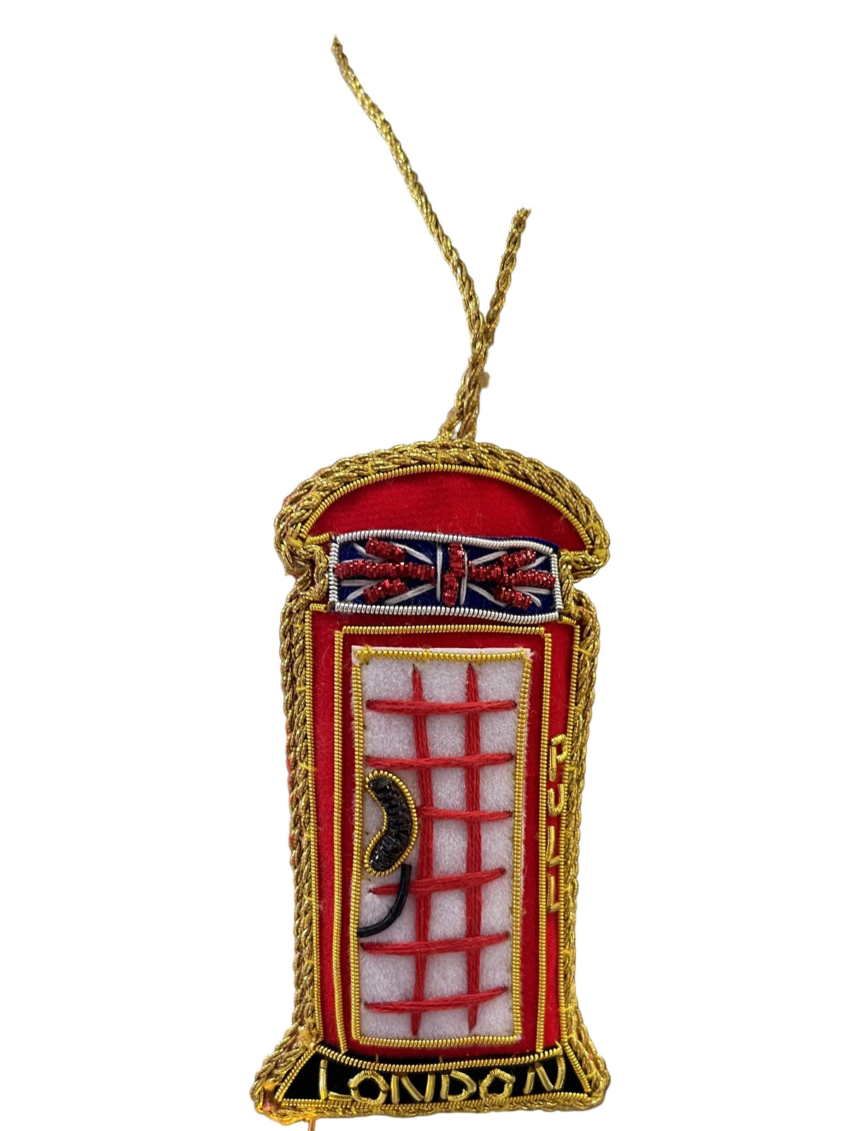 Christmas Tree Decoration: Velvet Beaded London Phone Box - Red& Gold
