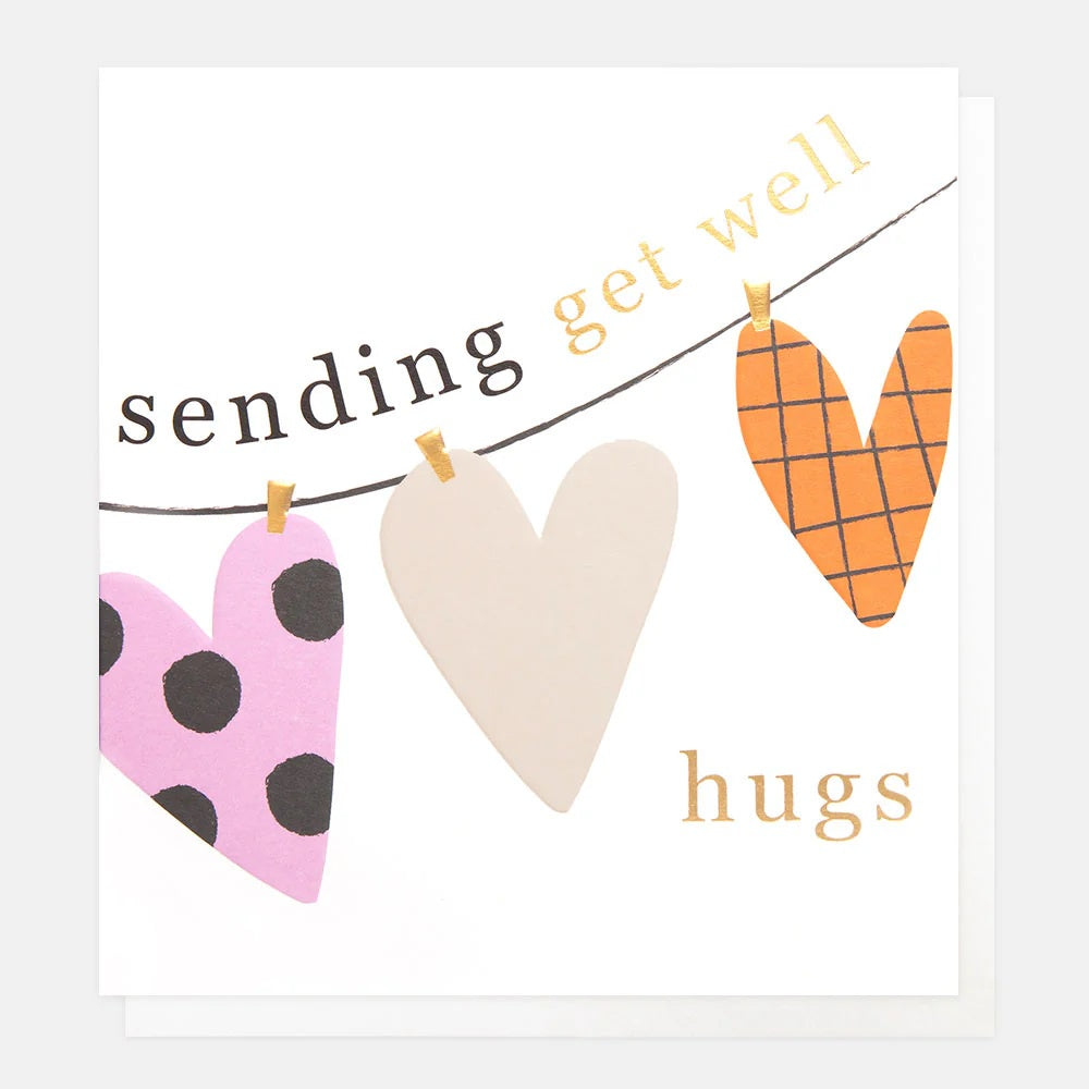 Get Well Card: Sending Hugs Hearts On Washing Line Gold Foil - Colourful - Caroline Gardner