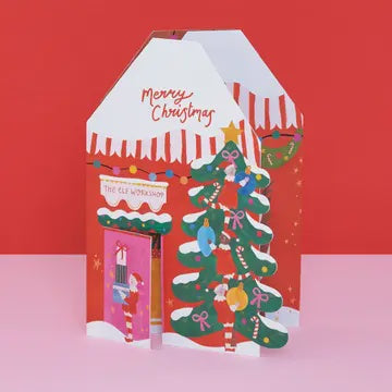 Christmas Card: 3D Elves Workshop - Bright Multicolour - Raspberry Blossom