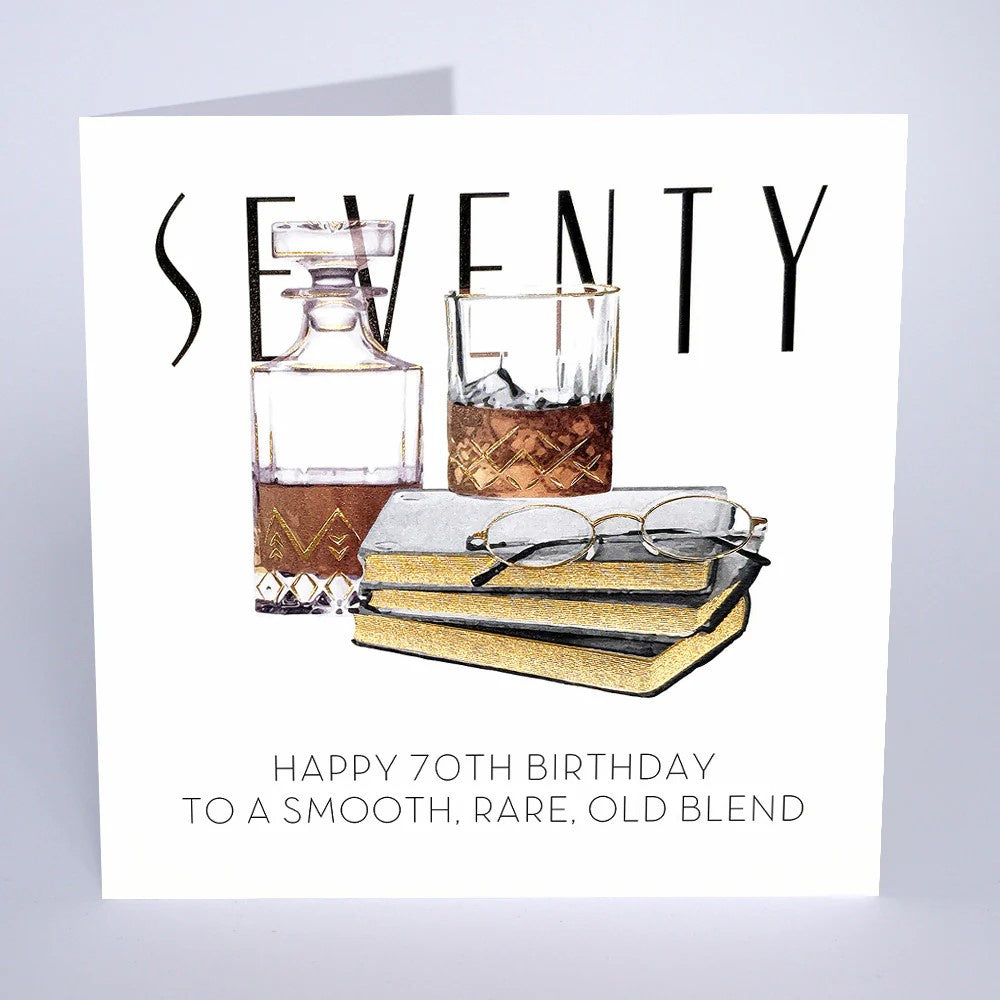 Age 70th Card: Male Books Whisky Glass Foil  Handmade - Five Dollar Shake