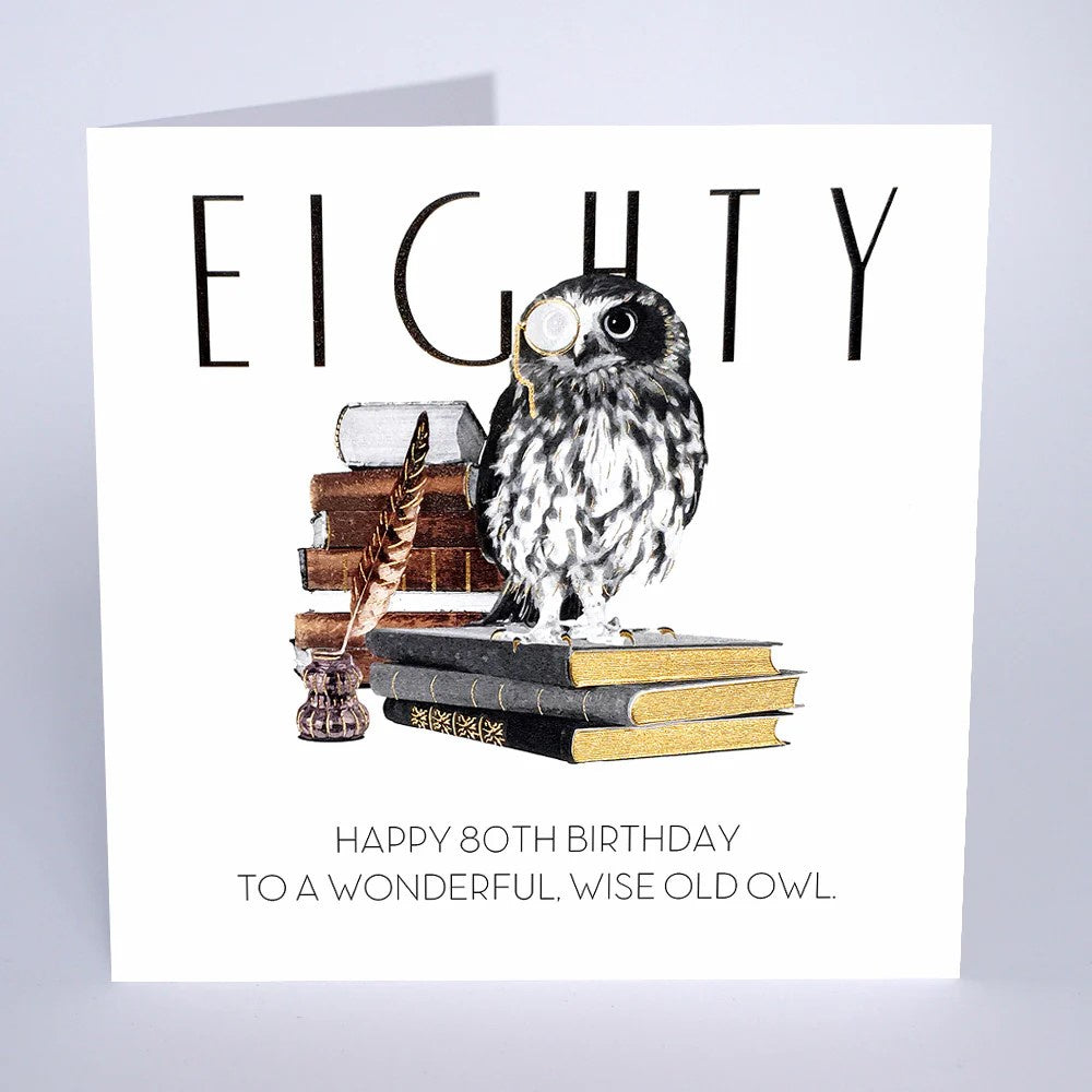 Age 80th Card: Male Owl Books Foil  Handmade - Five Dollar Shake