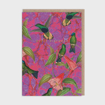 Birthday Card: Fluted Gold Foil Marble Humming Birds Greeting Kaleido - Ohh Deer