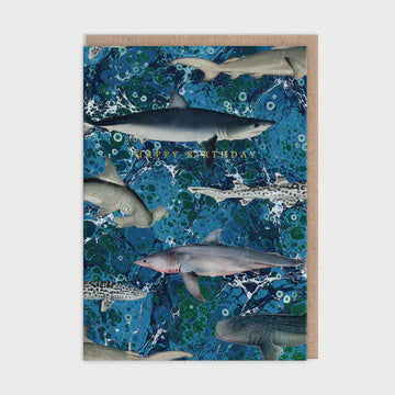 Birthday Card: Fluted Gold Foil Marble Sharks Greeting Kaleido - Ohh Deer