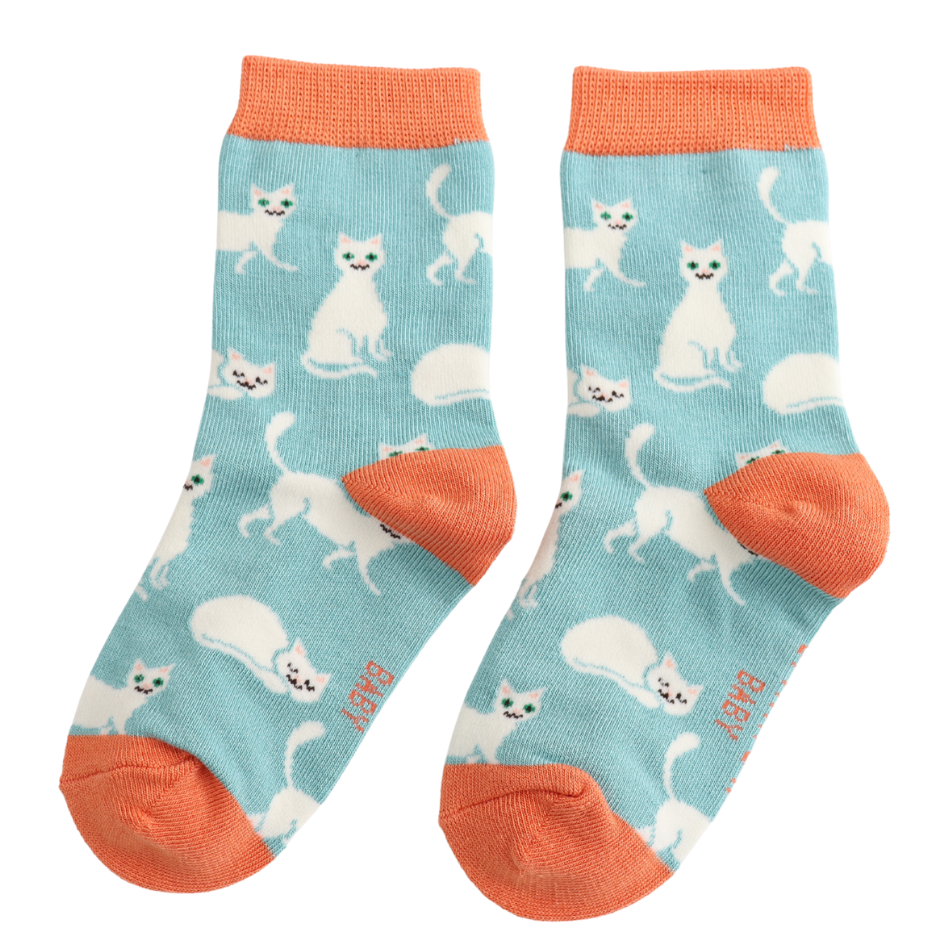 Girls Socks: Bamboo Little Kitty 4-6y - Duck Egg - Sparrow Baby
