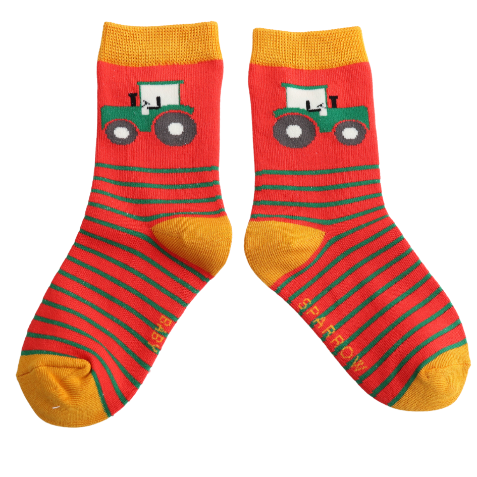 Boys Socks: Bamboo Tractor & Stripes 4-6y - Red - Sparrow Baby