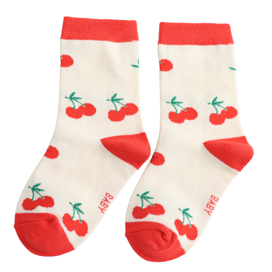 Girls Socks: Bamboo Cherries 4-6y - Cream - Sparrow Baby