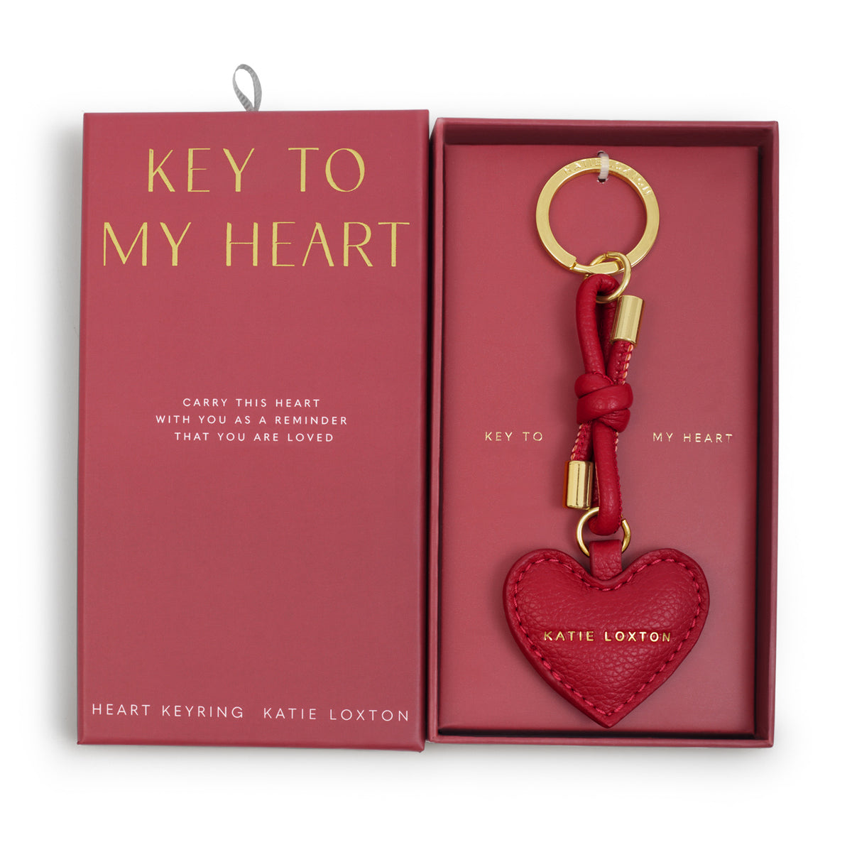 Boxed Keyring: Soft Vegan Leather - KEY TO MY HEART - Red- Katie Loxton