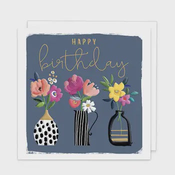 Birthday Card:  Flowers in vases Embossed - Rosanna Rossi