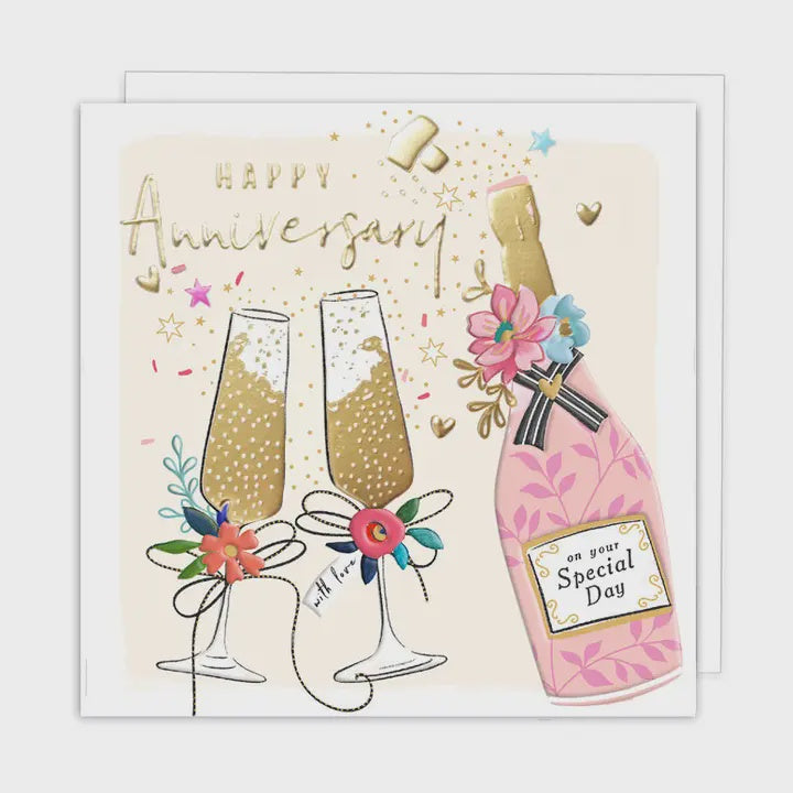 Anniversary Card:  Happy Anniversary Champagne and Glasses Embossed - Rosanna Rossi