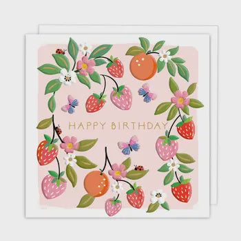 Birthday Card:  STRAWBERRIES BUTTERFLIES AND FLOWERS Embossed - Rosanna Rossi