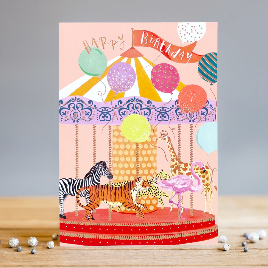 Childrens Card: Gold Foil CAROUSEL - Colourful - Louise Tiler