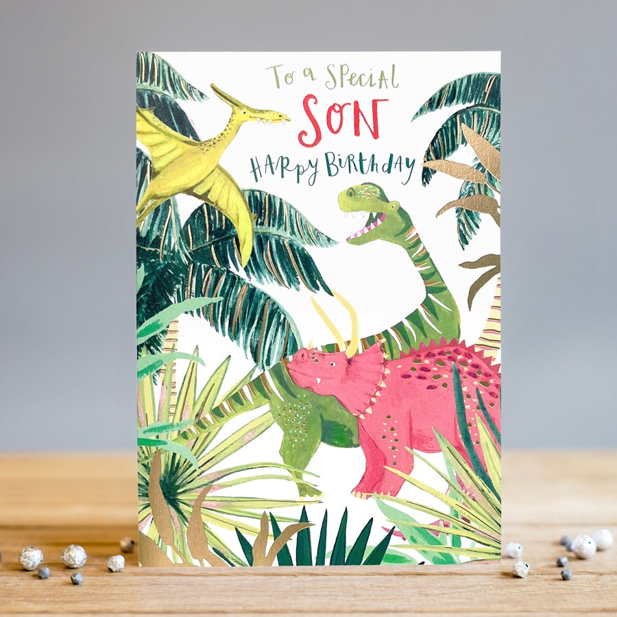 Son Card: Gold Foil Childrens Dino - Colourful - Louise Tiler