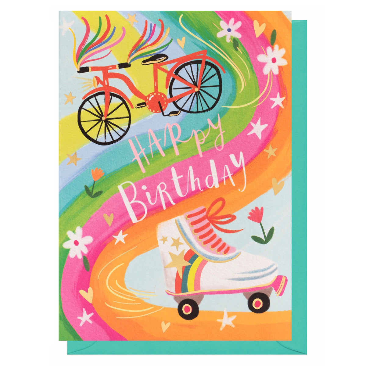 Childrens Card: Gold Foil Bike & Skate - Colourful - Louise Tiler