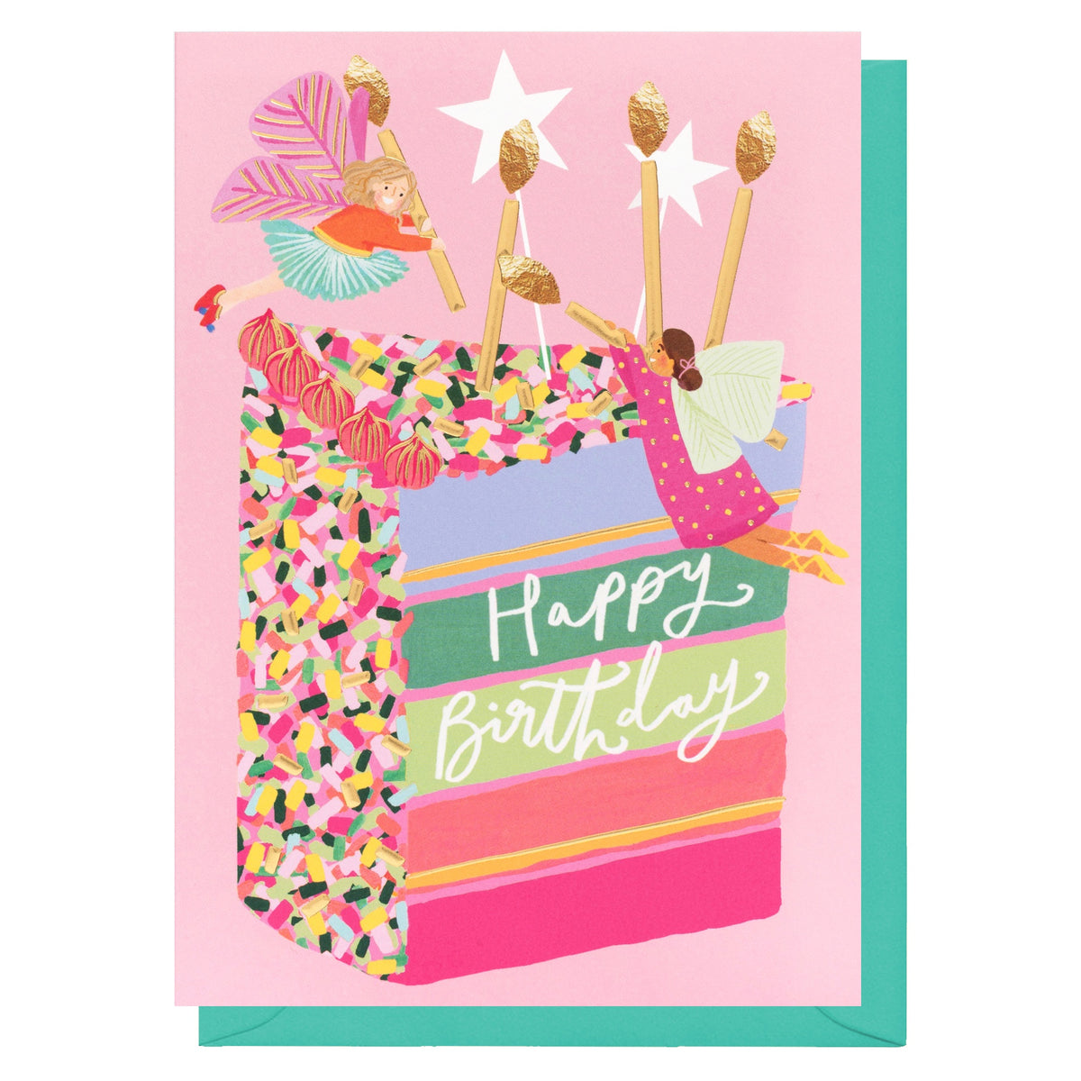 Childrens Card: Gold Foil Fairy Cake - Colourful - Louise Tiler