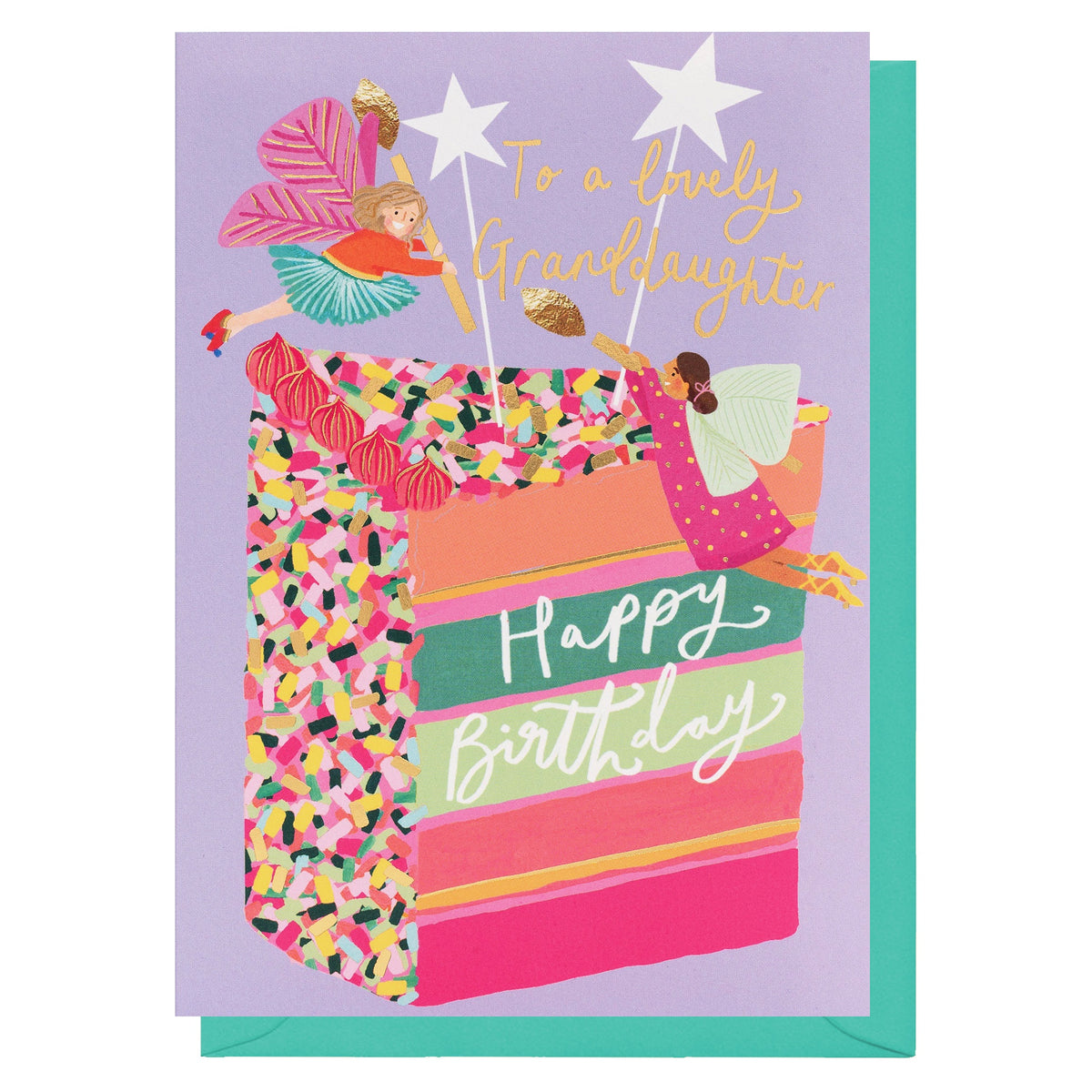 Granddaughter Card: Gold Foil Childrens Fairy Cake - Colourful - Louise Tiler