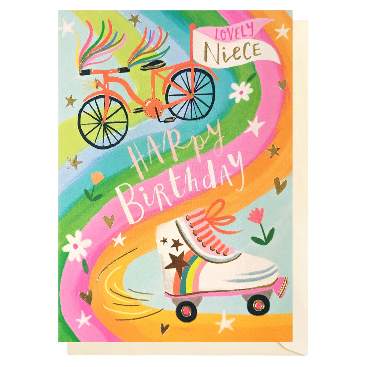 Niece Card: Gold Foil Childrens Bike & Skate - Colourful - Louise Tiler
