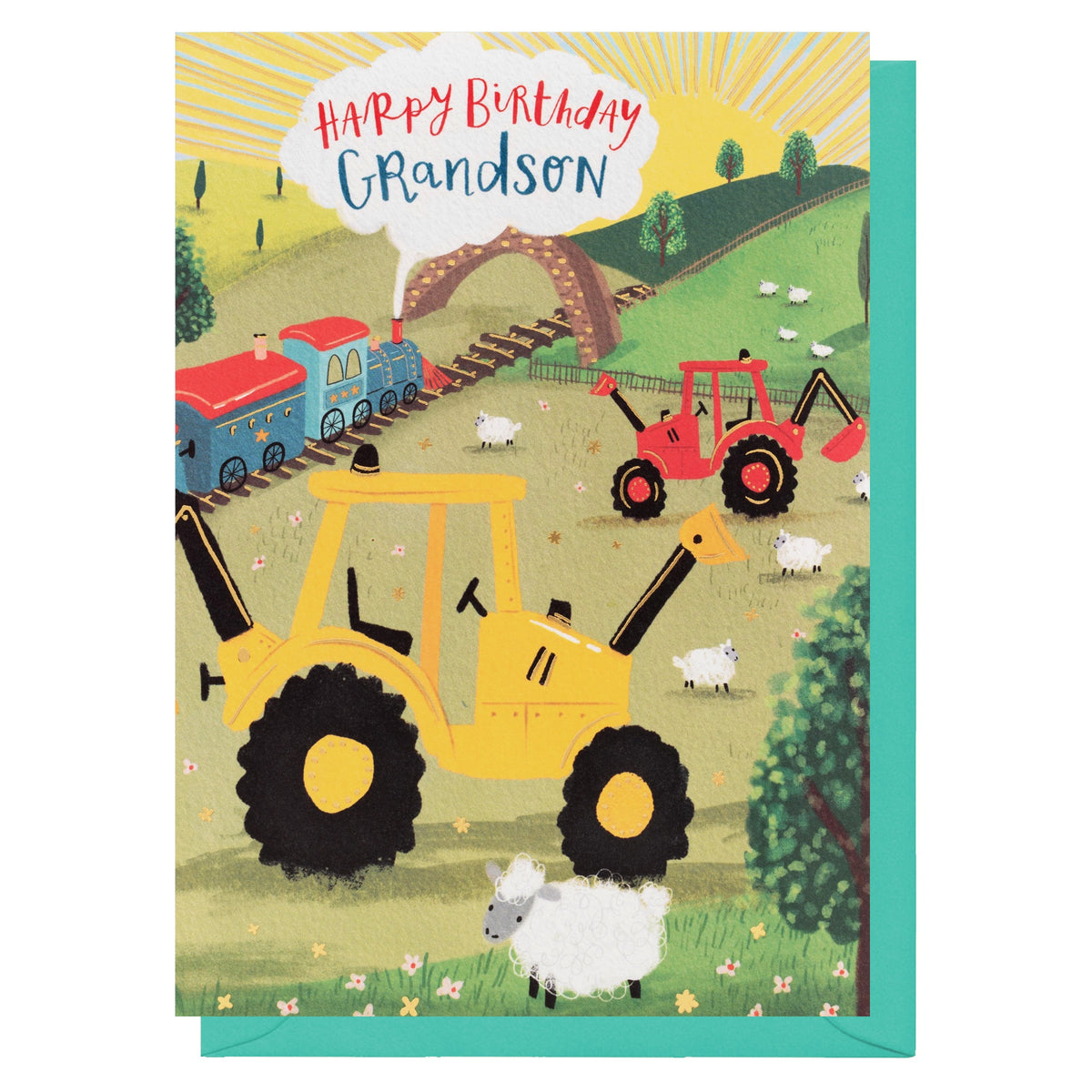 Grandson Card: Gold Foil Childrens Diggers - Colourful - Louise Tiler