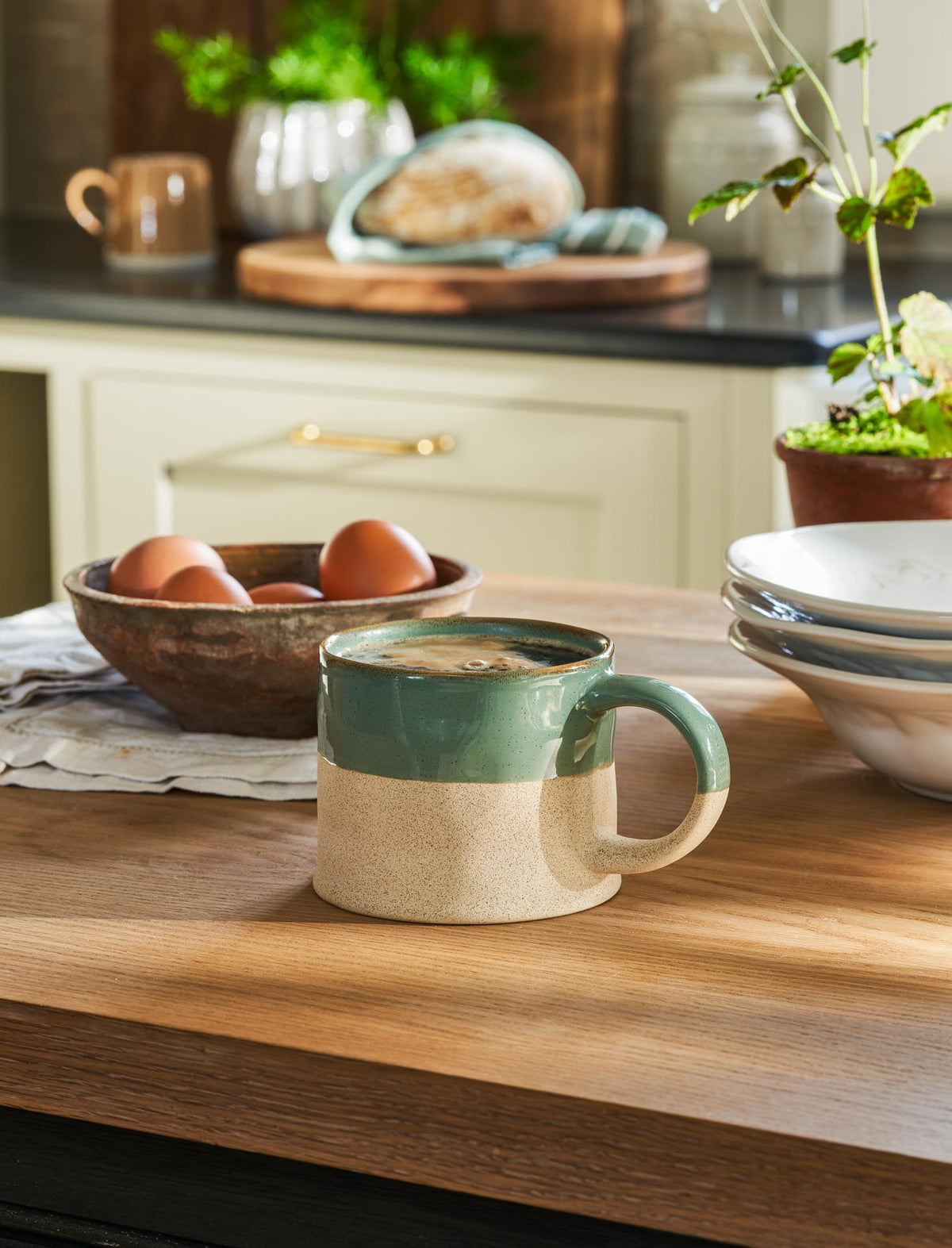 Mug: Stoneware Set Of 2 Half Glazed Large Handle - Rosemary - Garden Trading