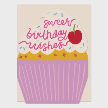 Birthday Card: Sweet Birthday Wishes Cupcake Cut Out Small - Raspberry Blossom