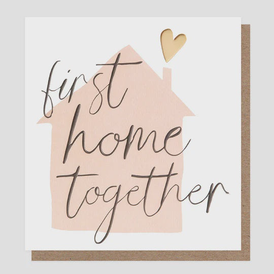 New Home  Card: Gold Foil  First Home Together Pink House W/ Gold Heart Chimn  - Caroline Gardner