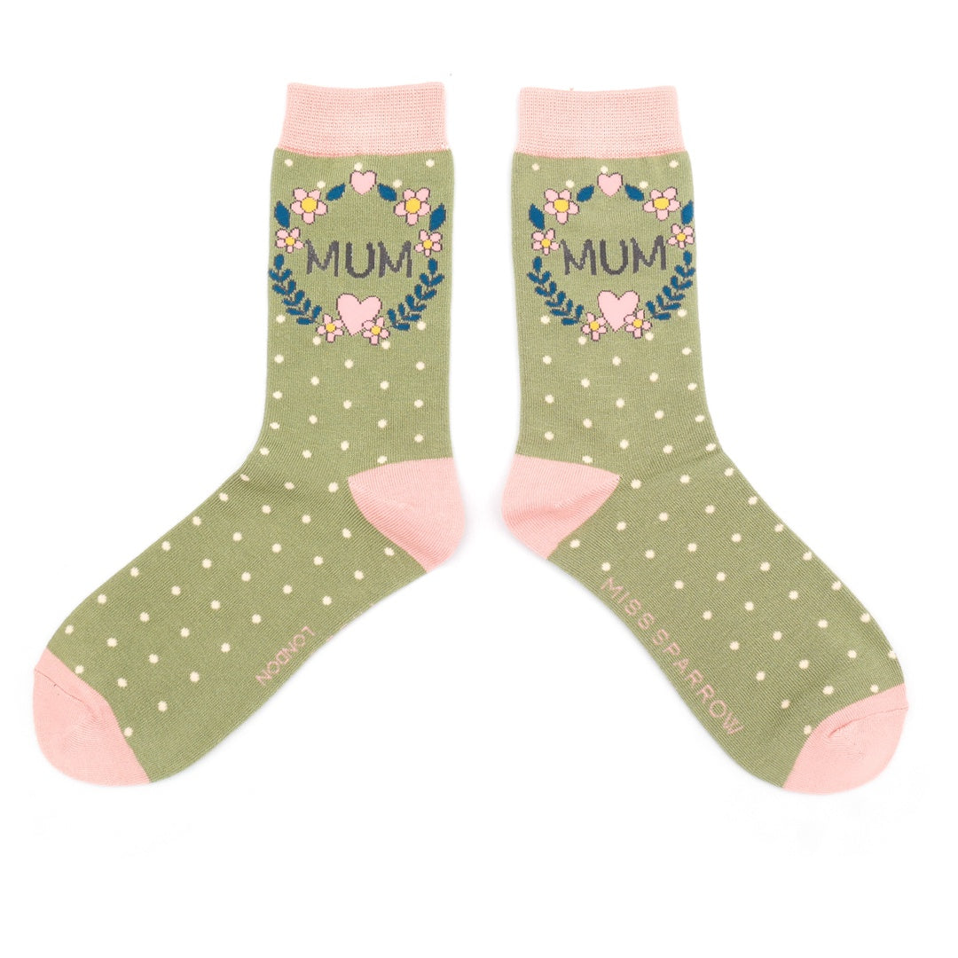 Ladies Socks: Bamboo Flowers Mum -  Green - Miss Sparrow