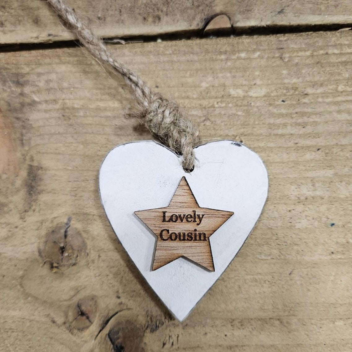 Chunky Lovely Cousin  Hanging Heart Wood Sentiment Decoration - White w Natural  Star Tag