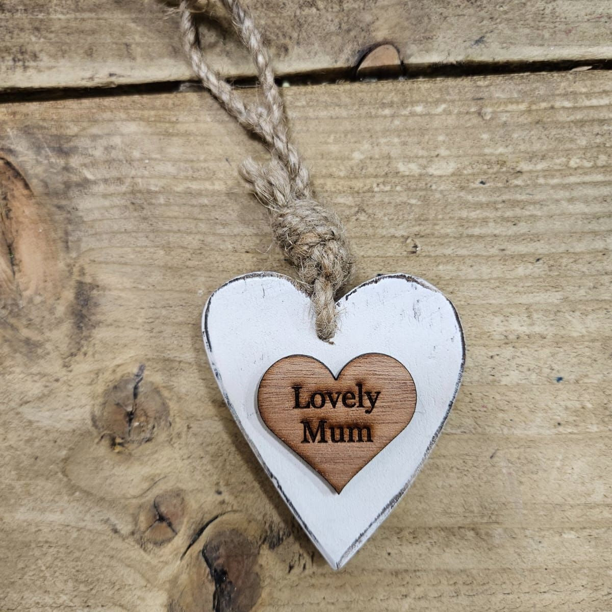 Chunky Lovely Mum  Hanging Heart Wood Sentiment Decoration - White w Natural  Heart Tag