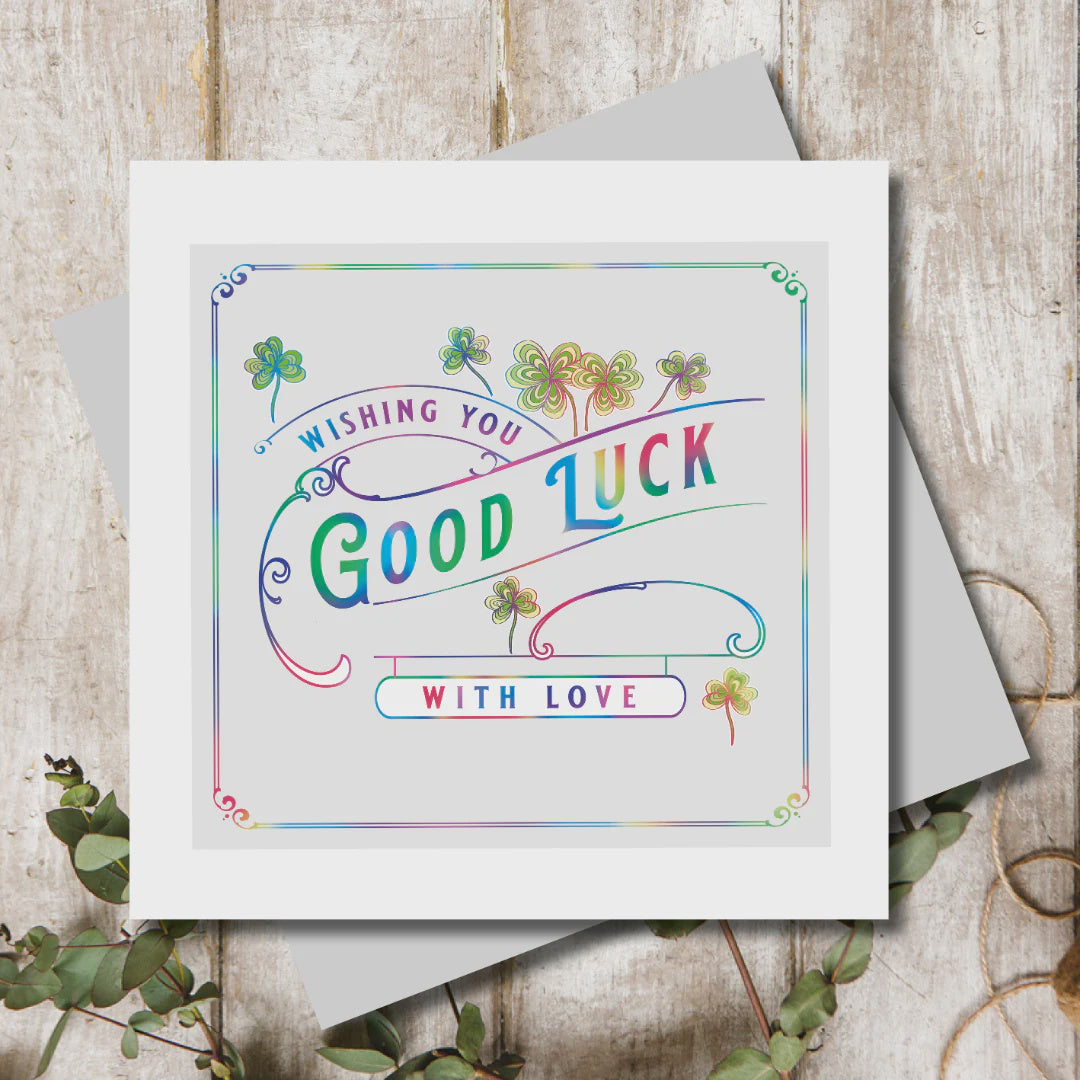 Good Luck  Card: Rainbow Foil  Typography Flowers Mardi Gras - Marina B