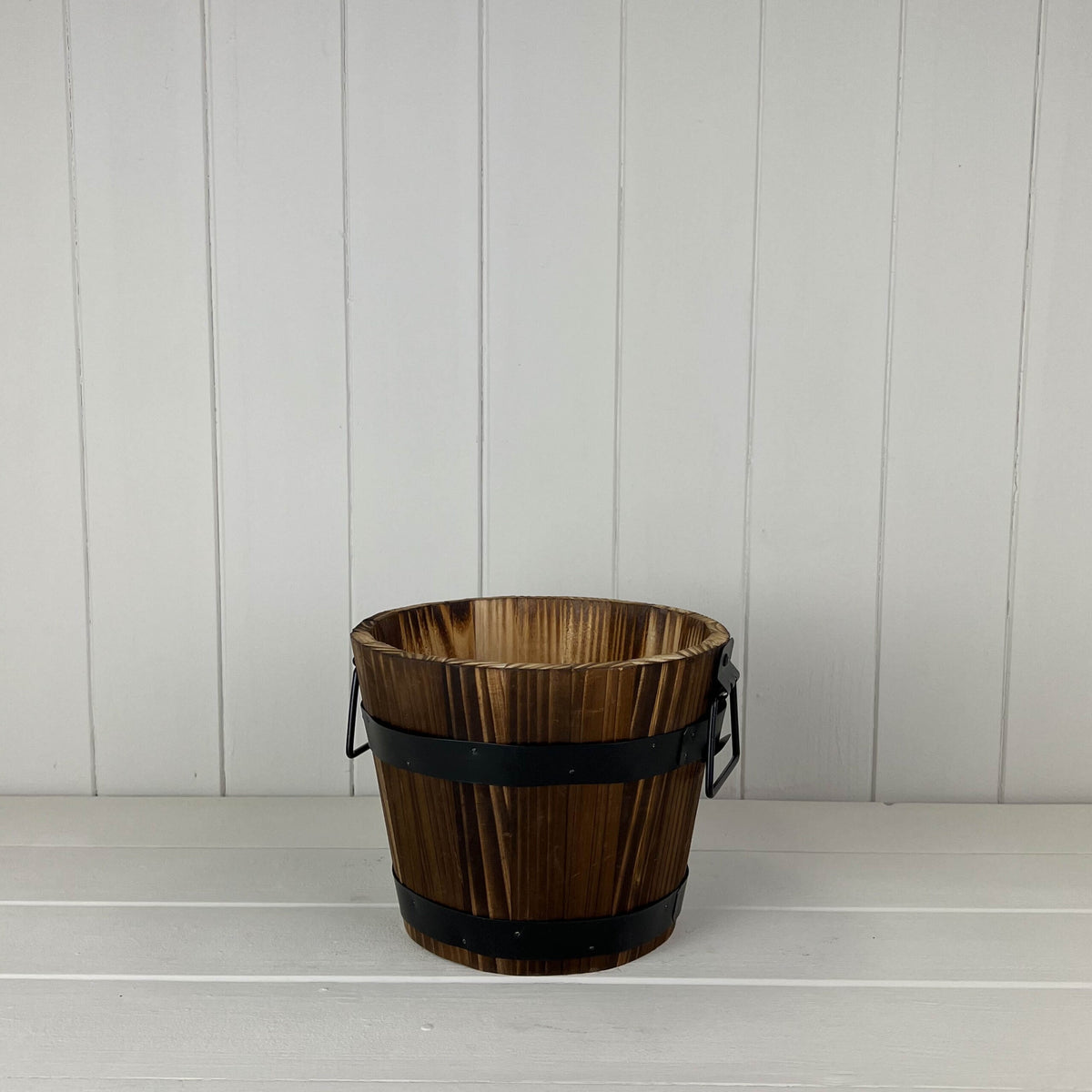 Planter Pot: Wood Barrel Round Lined Handles - Natural