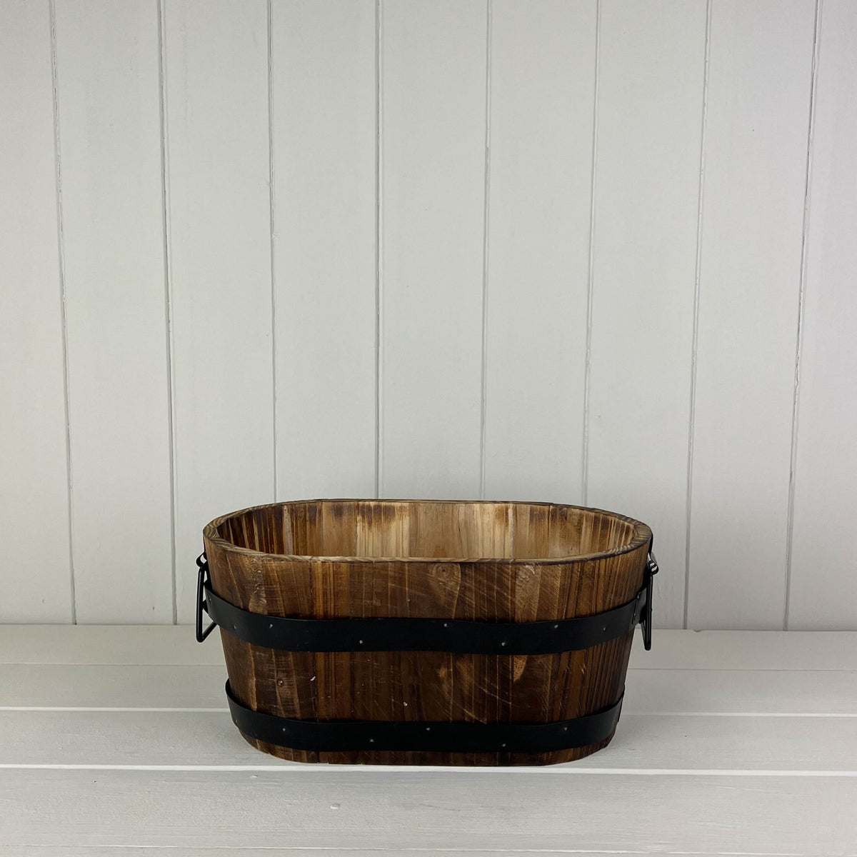 Planter Pot: Wood Barrel Oval Lined Handles - Natural