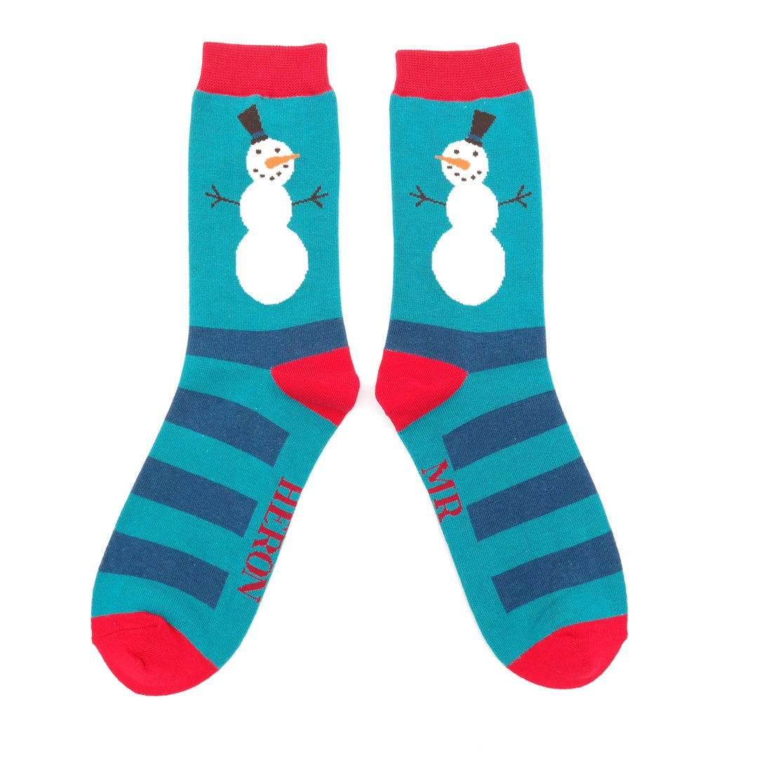 Socks: Snowmen Stripes - Teal - Mr Heron