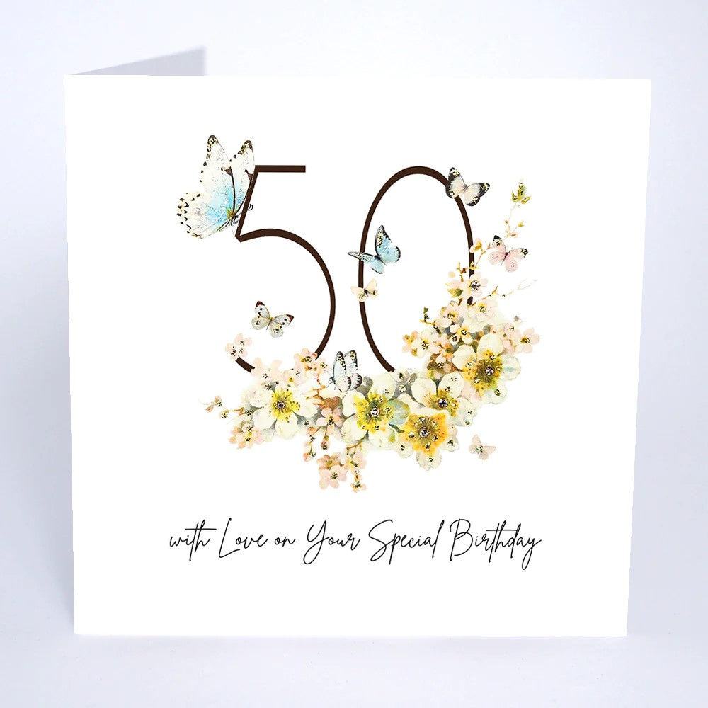 Age 50th Card: With Love on Your Special Blossom Handmade Swarovski Crystals - Five Dollar Shake