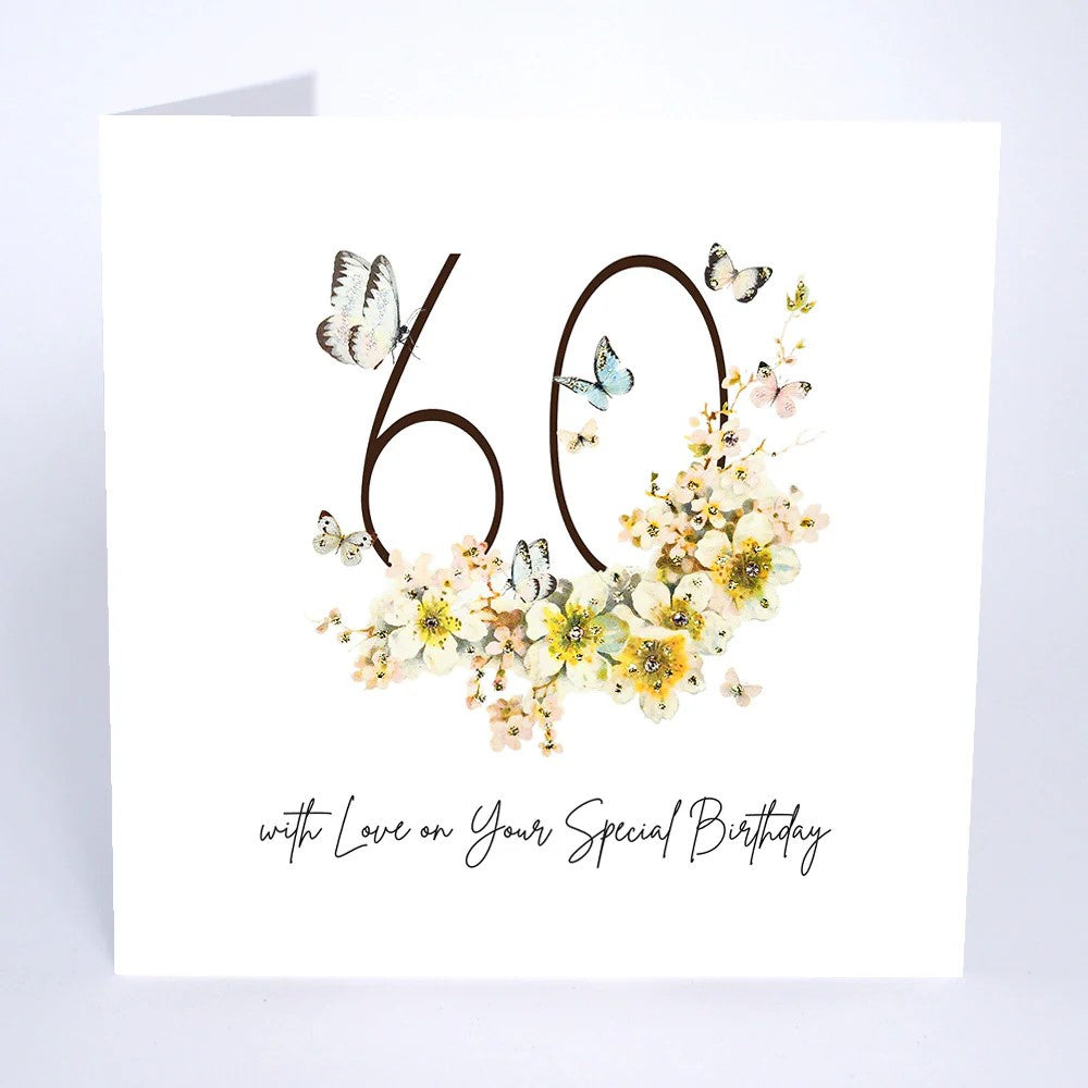 Age 60th Card: Butterflies Mimosa Blossom Swarovski Crystals - Five Dollar Shake