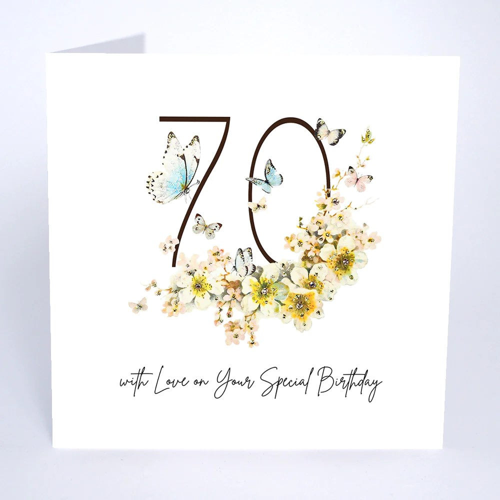 Age 70th Card: Blossom Butterflies Handmade Swarovski Crystals - Five Dollar Shake