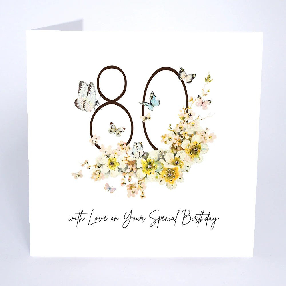 Age 80th Card: Butterflies Mimosa Blossom Swarovski Crystals - Five Dollar Shake