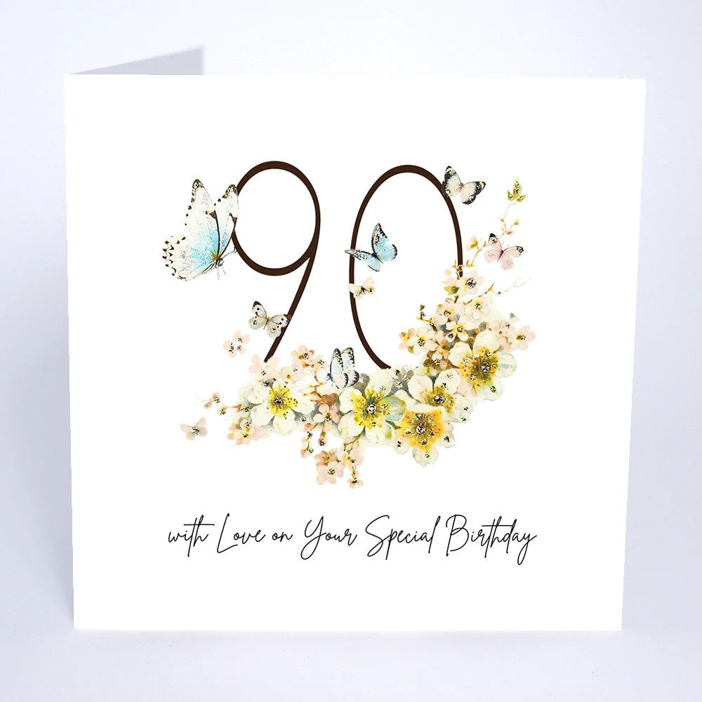 Age 90th Card: Blossom Butterfles Handmade Swarovski - Five Dollar Shake