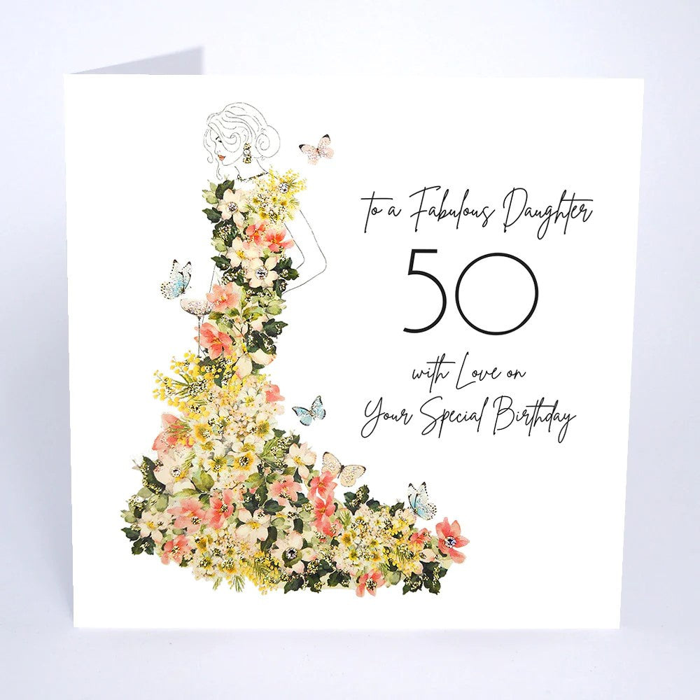 Age 50th Daughter Card:Fabulous Floral Dress Handmade Swarovski Crystals - Five Dollar Shake