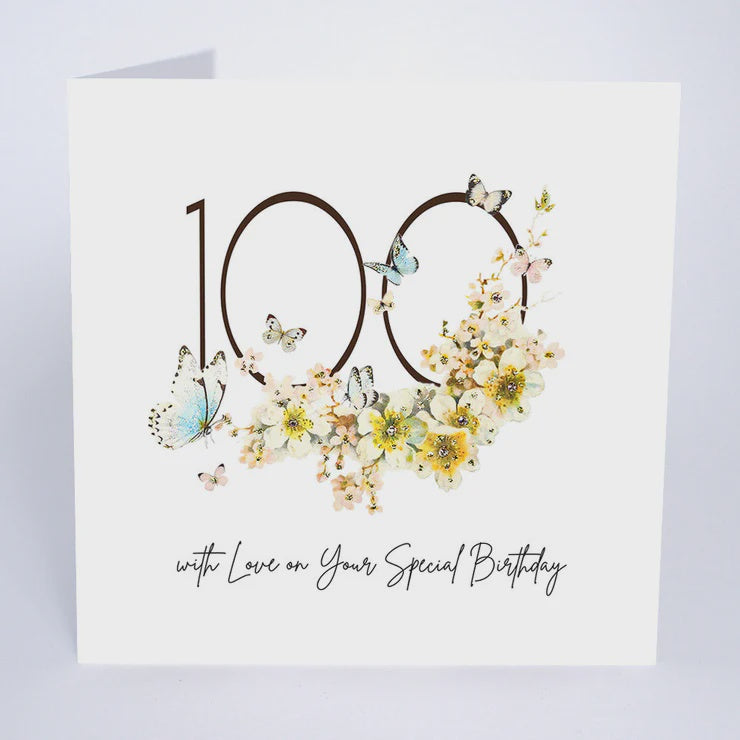 Age 100th Card: Blossom Butterfles Handmade Swarovski - Five Dollar Shake