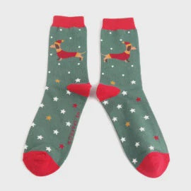 Mens Christmas Socks: Bamboo Festive Sausage Dogs - Green - Mr Sparrow