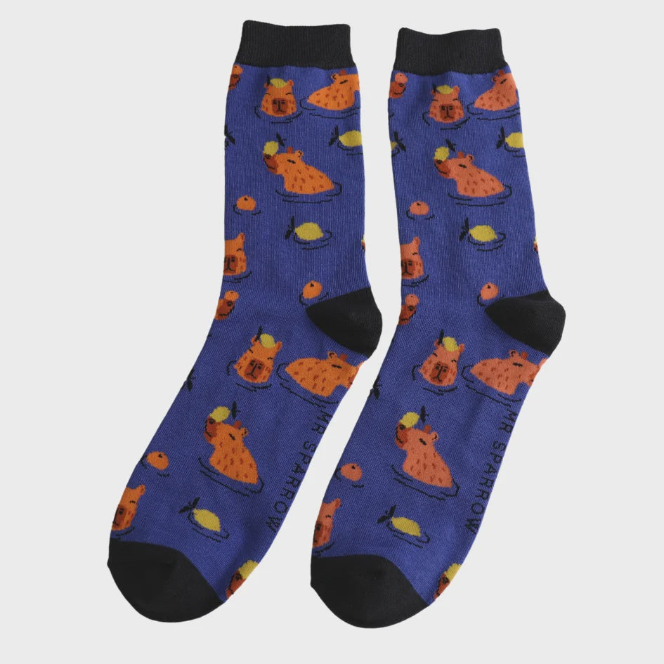 Mens Socks: Bamboo Capybara - Royal Blue - Mr Sparrow