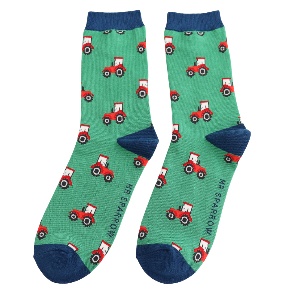 Mens Socks: Bamboo Tractors- Green - Mr Sparrow