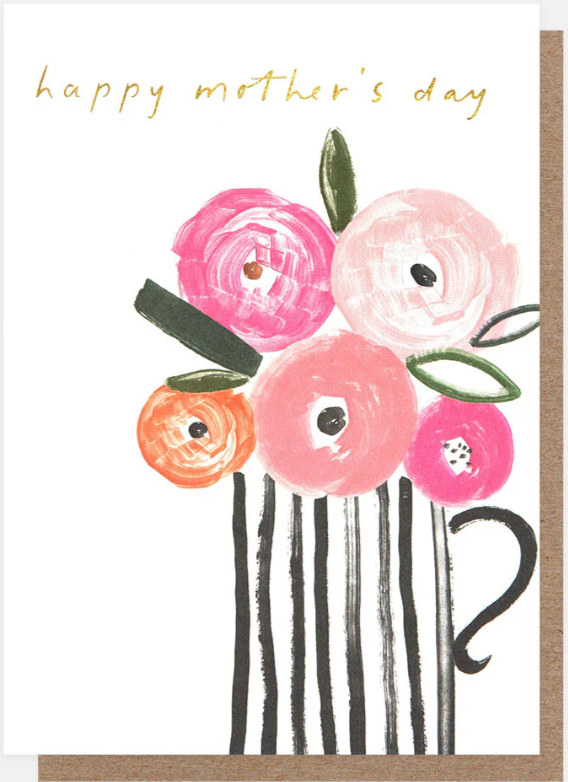 Mothers Day Card: GOLD FOIL Stripey Vase With Flowers Embossed - Caroline Gardner