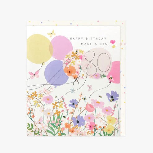 Age 80th Card: Balloons Flowers - Belly Button Designs
