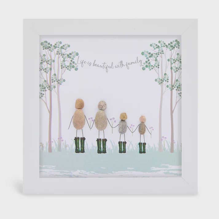 Pebble Picture: Family Welly Life Is Beautiful with Family (4) - White Box Frame - La de Da Living